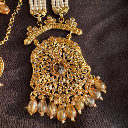 Grand Antique Gold-Plated Kundan & Pearl Long Necklace Set with Maang Tikka