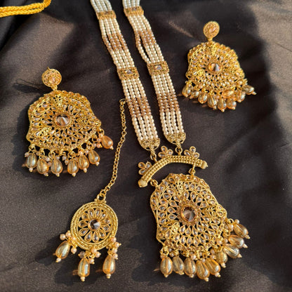 Grand Antique Gold-Plated Kundan & Pearl Long Necklace Set with Maang Tikka