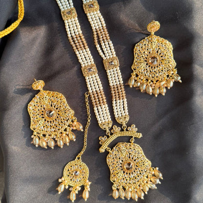 Grand Antique Gold-Plated Kundan & Pearl Long Necklace Set with Maang Tikka