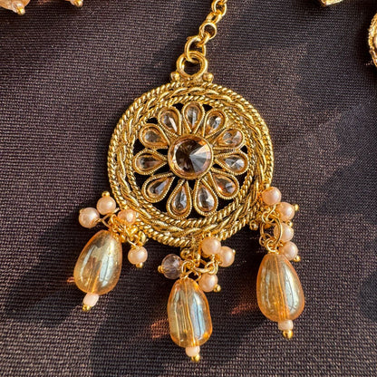 Grand Antique Gold-Plated Kundan & Pearl Long Necklace Set with Maang Tikka