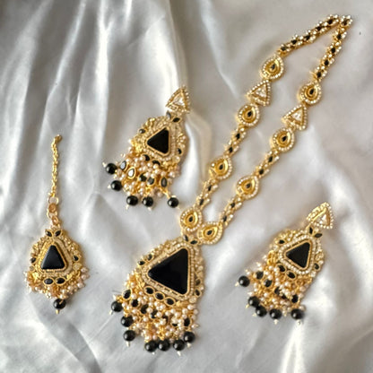 Elegant Gold-Plated Kundan Triangle Stone Necklace, Earrings & Tikka set