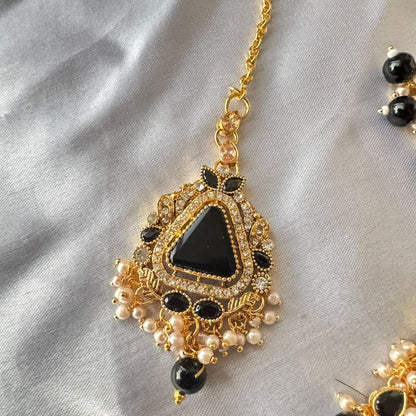 Elegant Gold-Plated Kundan Triangle Stone Necklace, Earrings & Tikka set
