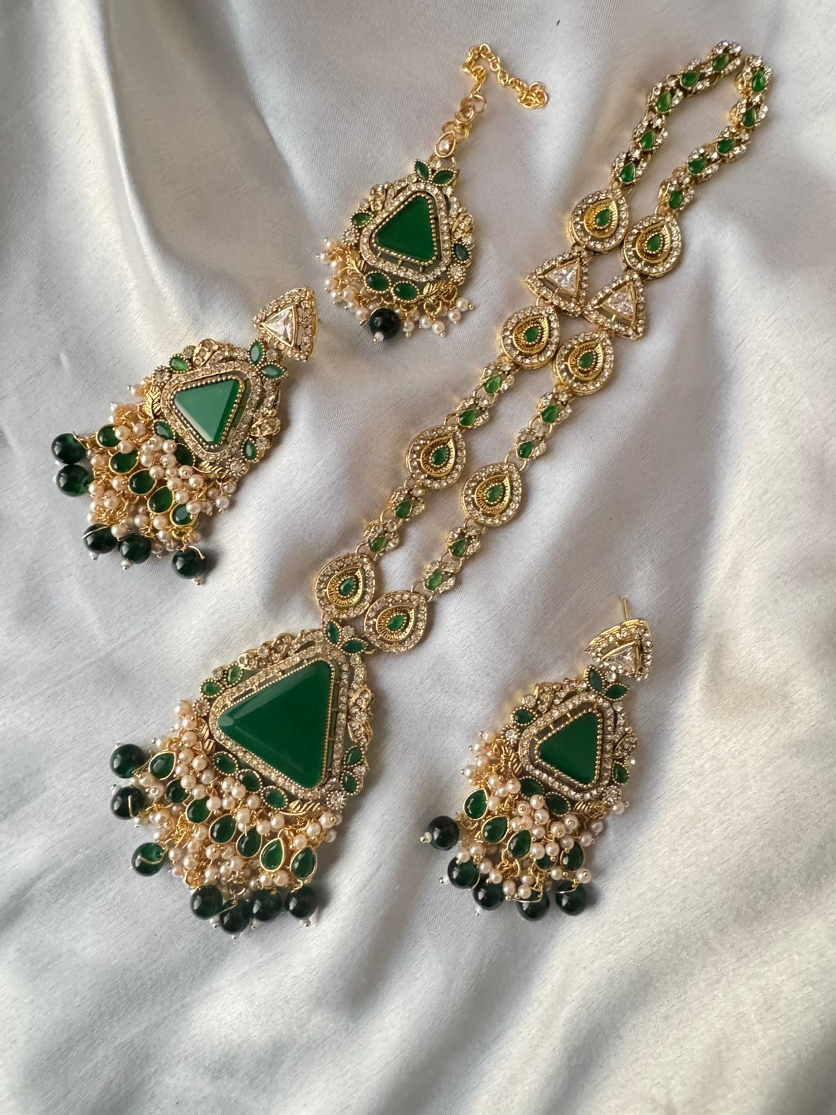Elegant Gold-Plated Kundan Triangle Stone Necklace, Earrings & Tikka set