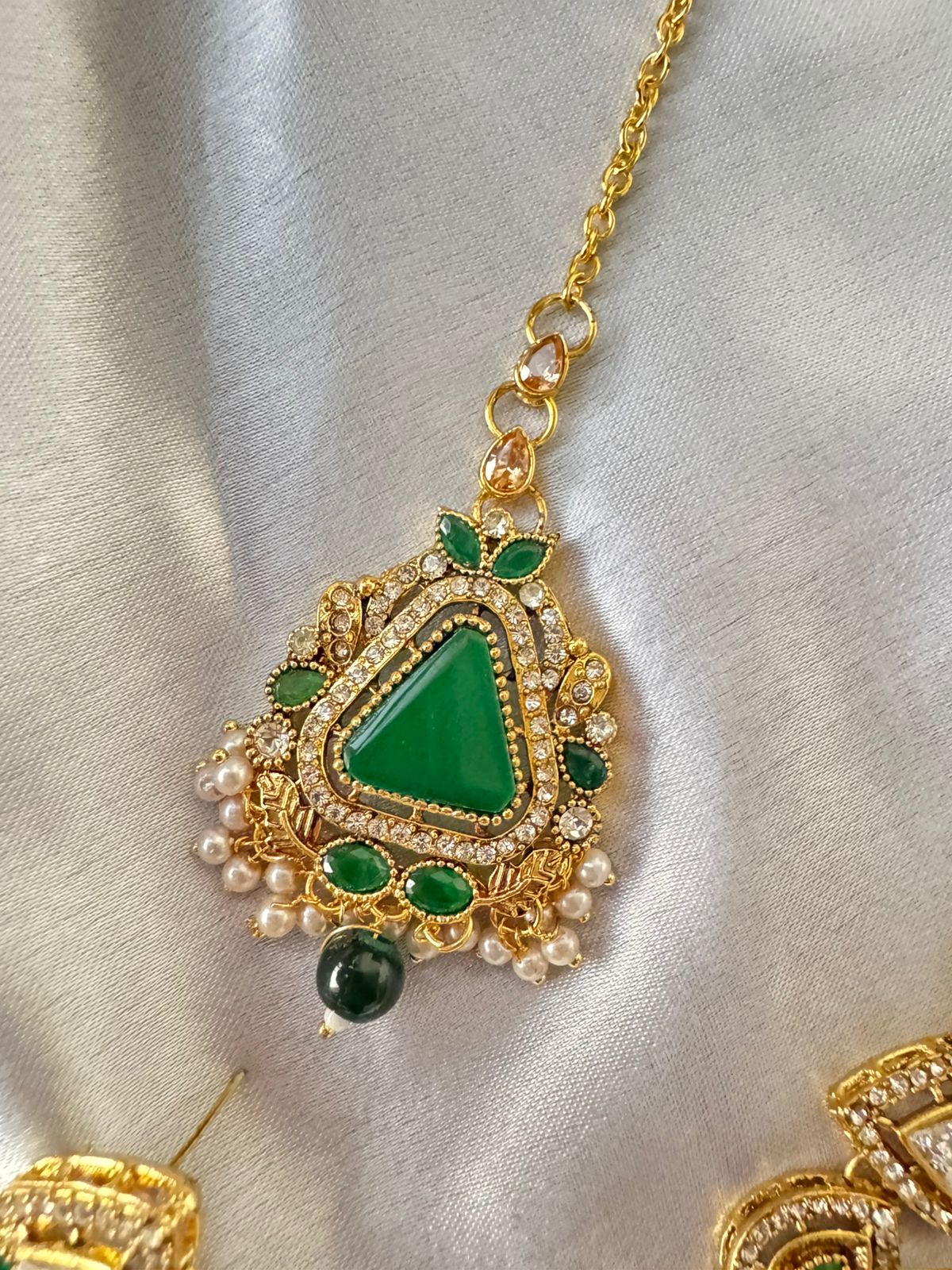 Elegant Gold-Plated Kundan Triangle Stone Necklace, Earrings & Tikka set