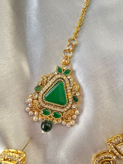 Elegant Gold-Plated Kundan Triangle Stone Necklace, Earrings & Tikka set