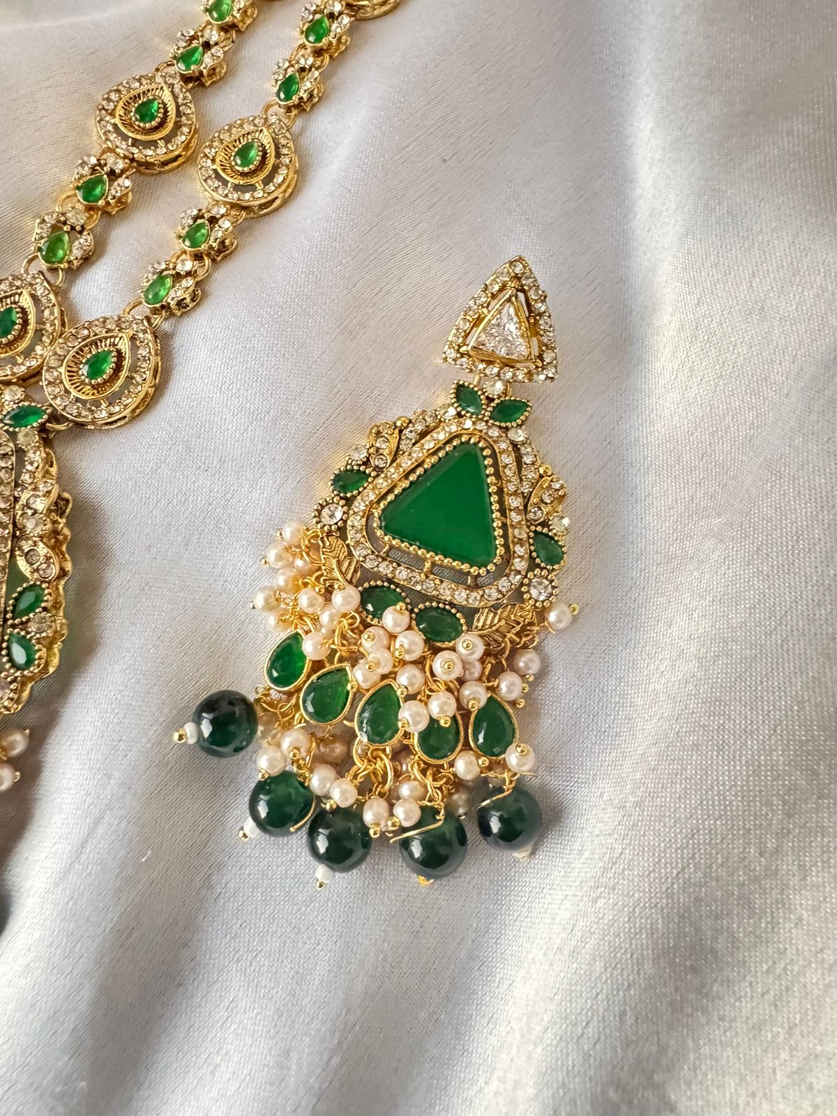 Elegant Gold-Plated Kundan Triangle Stone Necklace, Earrings & Tikka set