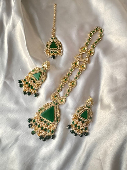Elegant Gold-Plated Kundan Triangle Stone Necklace, Earrings & Tikka set