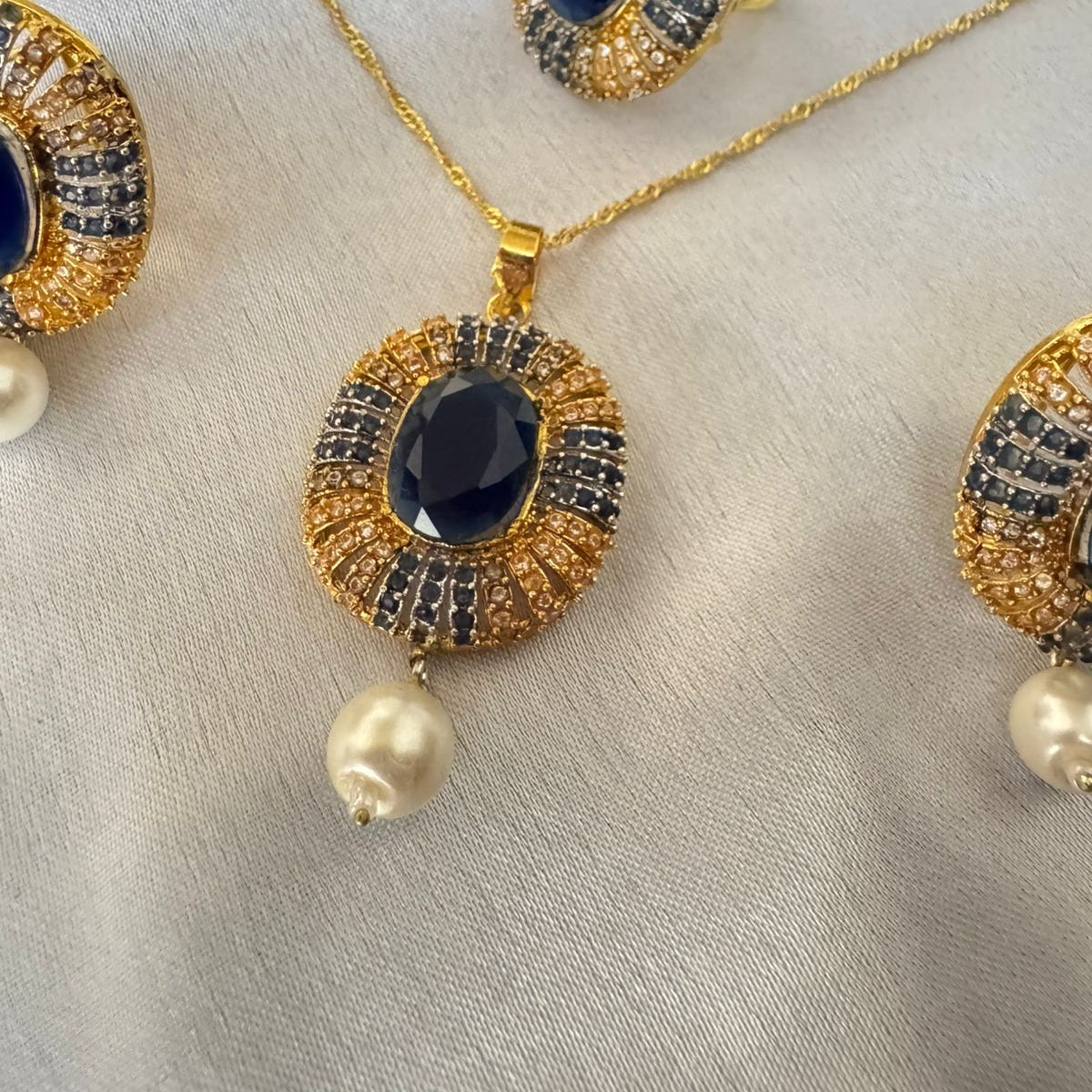 Gold Plated Sapphire & Pearl Zirconia Oval Pendant Necklace & Stud Earrings with Adjustable Ring