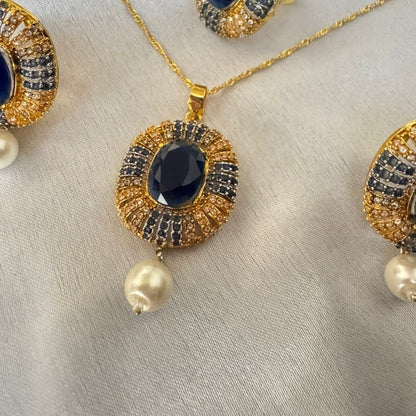 Gold Plated Sapphire & Pearl Zirconia Oval Pendant Necklace & Stud Earrings with Adjustable Ring