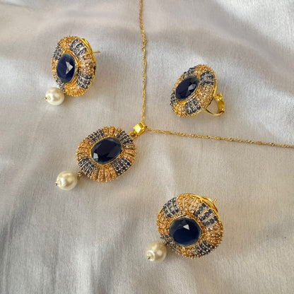 Gold Plated Sapphire & Pearl Zirconia Oval Pendant Necklace & Stud Earrings with Adjustable Ring