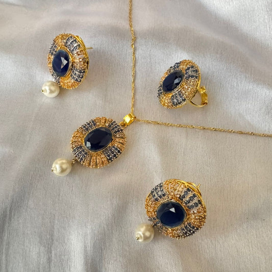 Gold Plated Sapphire & Pearl Zirconia Oval Pendant Necklace & Stud Earrings with Adjustable Ring