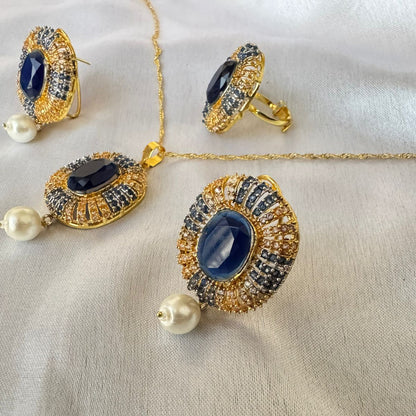 Gold Plated Sapphire & Pearl Zirconia Oval Pendant Necklace & Stud Earrings with Adjustable Ring
