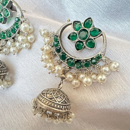 Handcrafted Traditional Indian Ethnic Green Stone & Pearl Silver-Plated Jhumka Earrings