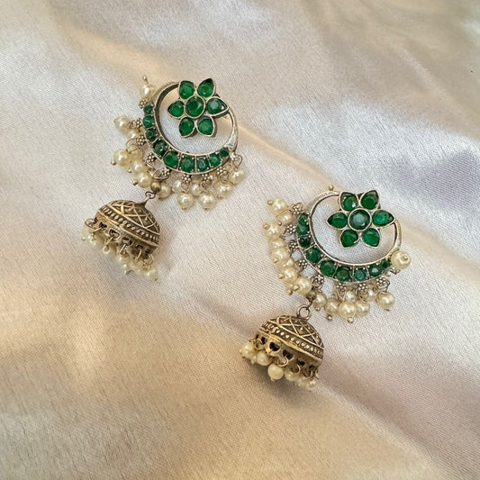 Handcrafted Traditional Indian Ethnic Green Stone & Pearl Silver-Plated Jhumka Earrings