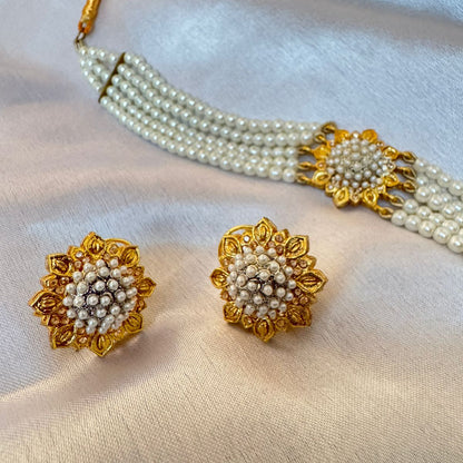 Gold-Plated Pearl Choker Necklace Set with Matching Earrings