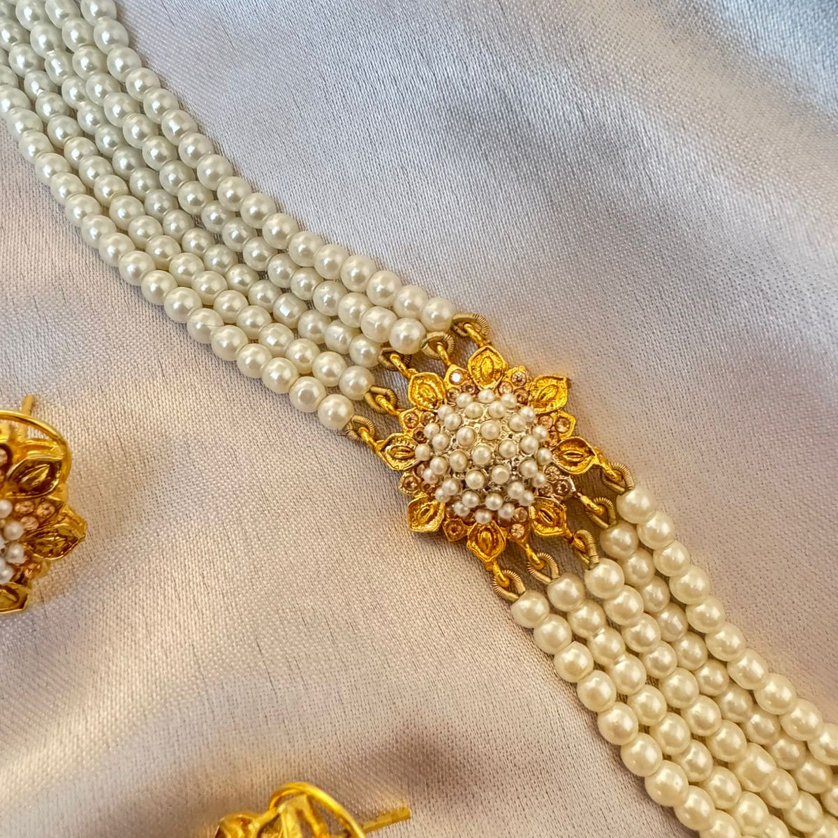 Gold-Plated Pearl Choker Necklace Set with Matching Earrings