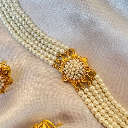 Gold-Plated Pearl Choker Necklace Set with Matching Earrings