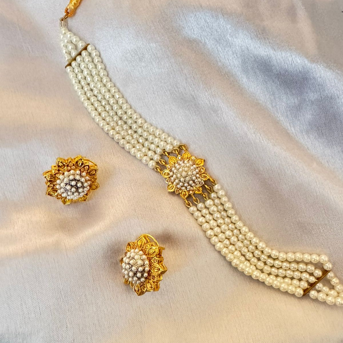 Gold-Plated Pearl Choker Necklace Set with Matching Earrings