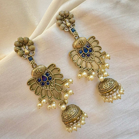 Elegant Vintage Dual-Tone Jhumka Drop and saphire blue accents stone Earrings