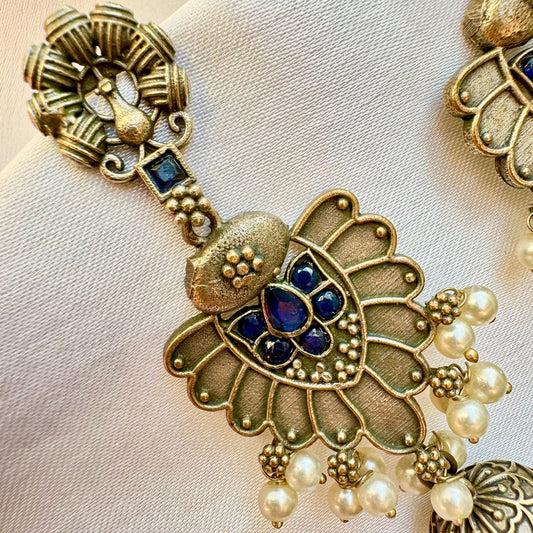 Elegant Vintage Dual-Tone Jhumka Drop and saphire blue accents stone Earrings