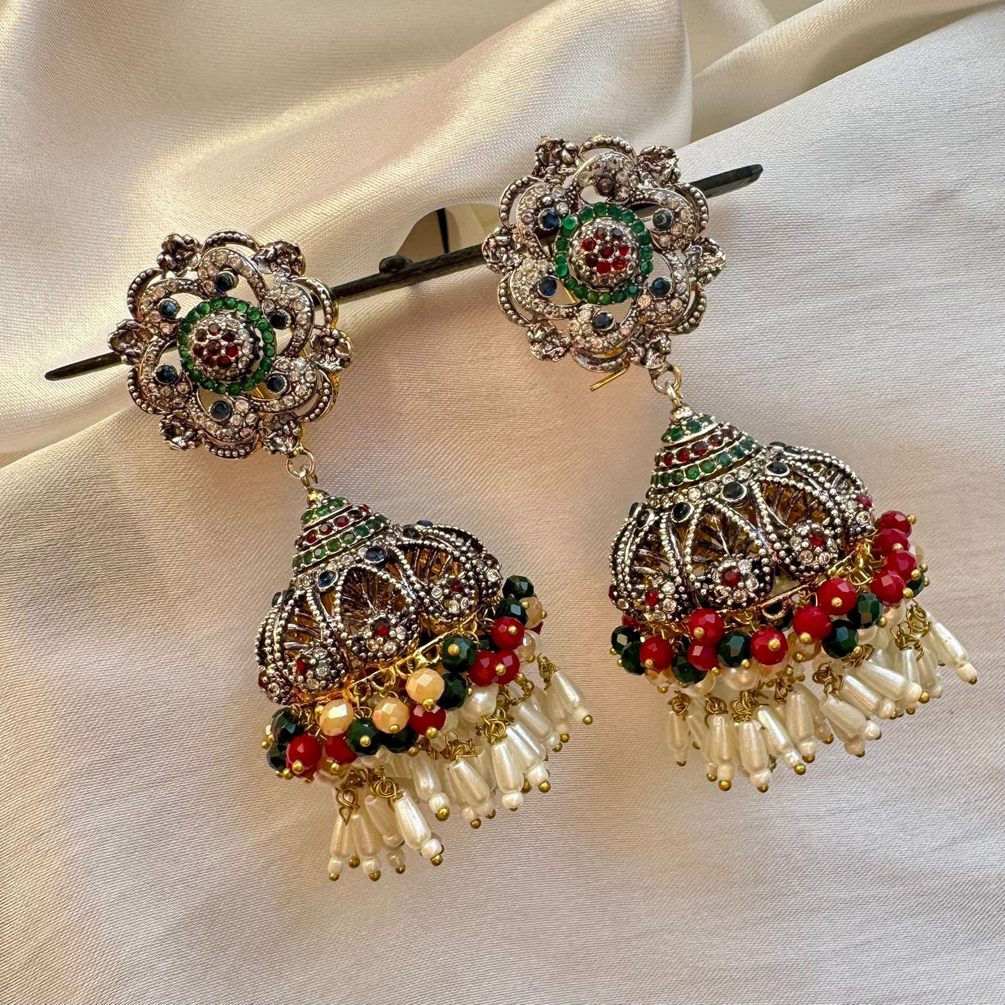 Traditional Mughal Floral Drop  Multi-Tone Plated Earings