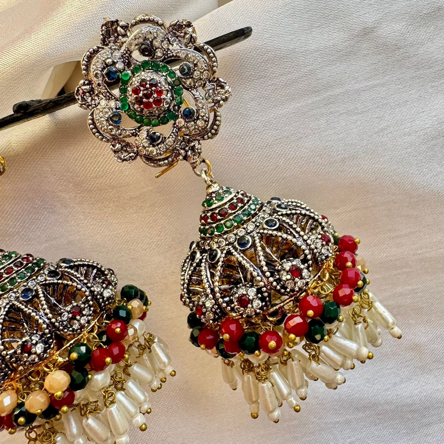 Traditional Mughal Floral Drop  Multi-Tone Plated Earings