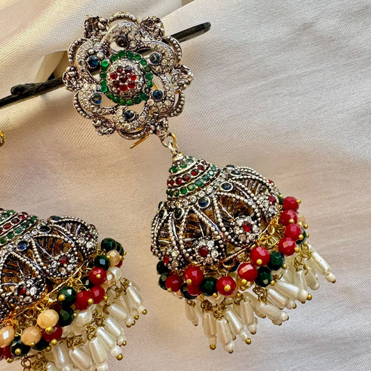 Traditional Mughal Floral Drop  Multi-Tone Plated Earings