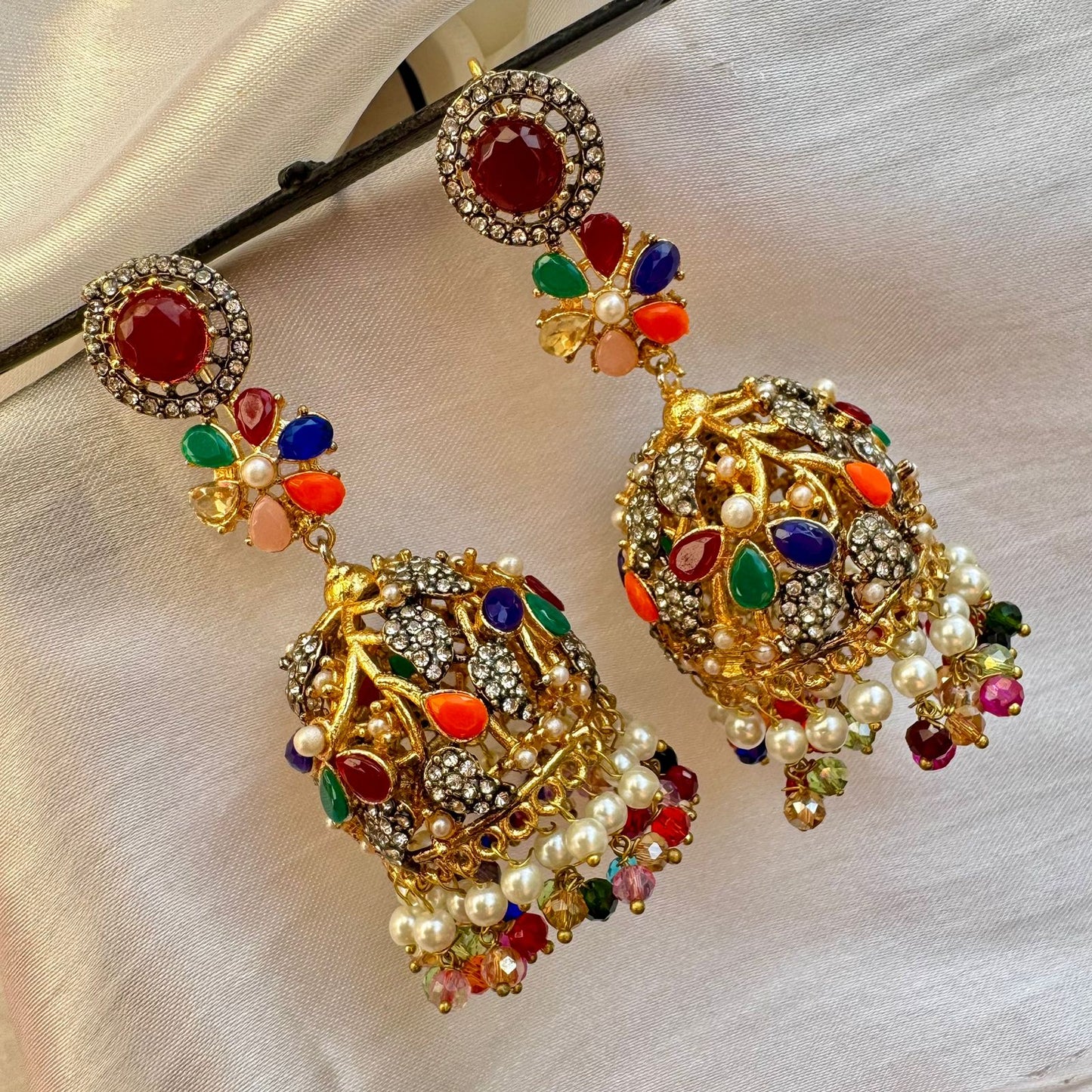 Long Traditional Indian Chandbali Style Multicolor Polki Stone & Pearl Jhumka