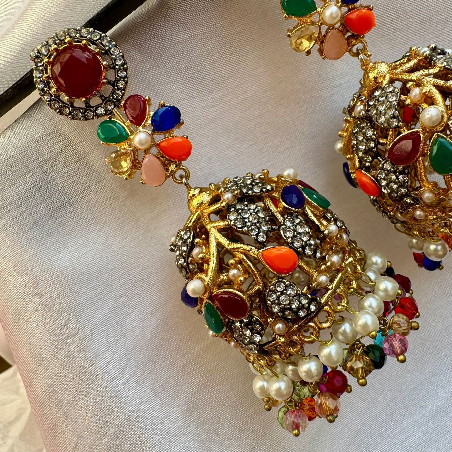 Long Traditional Indian Chandbali Style Multicolor Polki Stone & Pearl Jhumka