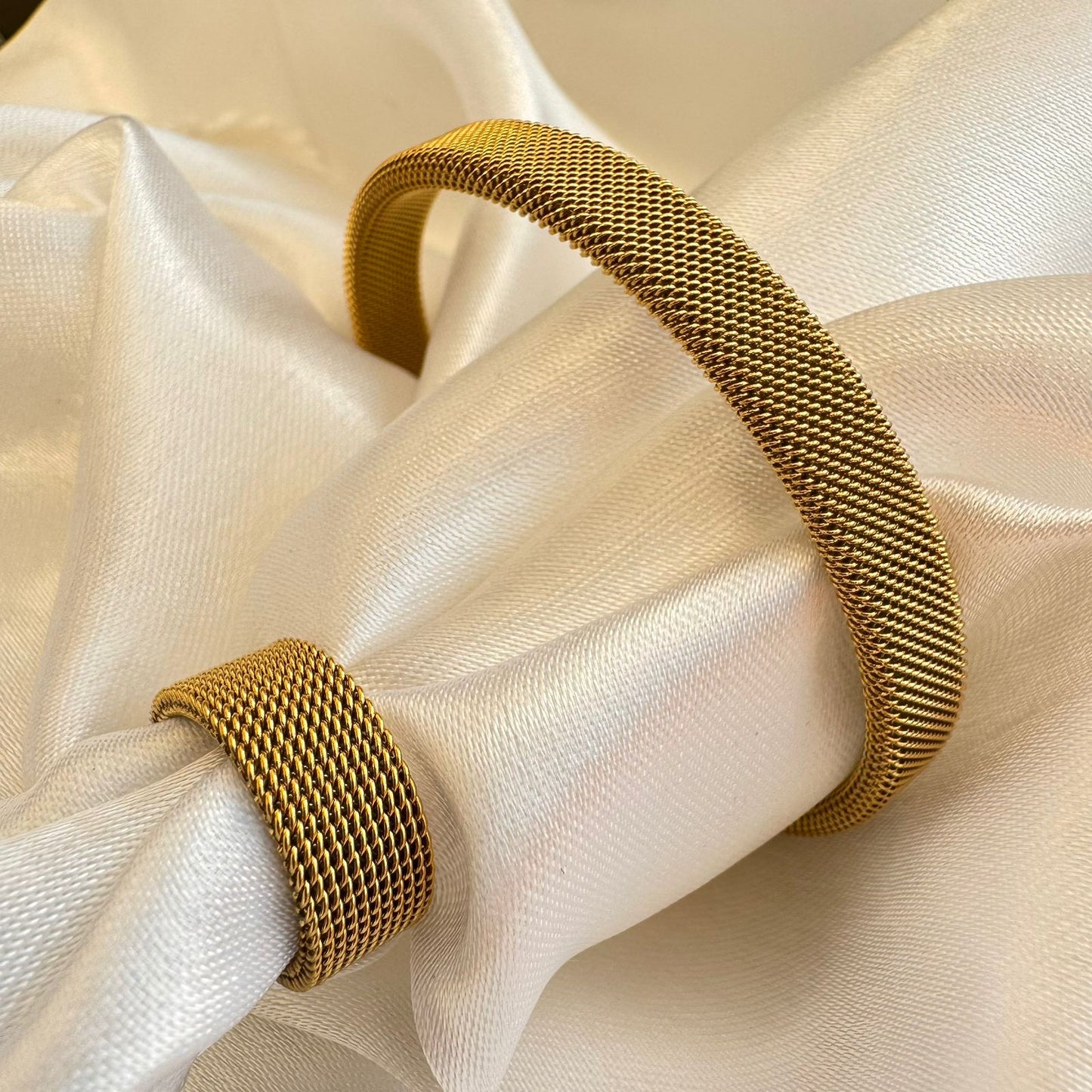 Wide Band Style Gold-Tone Mesh Cuff Bracelet & Ring Set