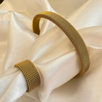 Wide Band Style Gold-Tone Mesh Cuff Bracelet & Ring Set