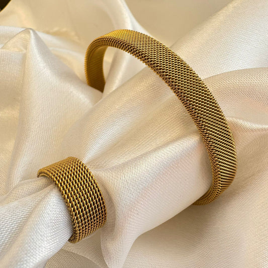 Wide Band Style Gold-Tone Mesh Cuff Bracelet & Ring Set
