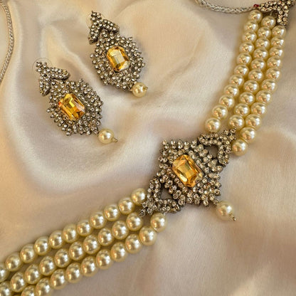 Antique Silver Finish Multi-Layer Pearl Choker Necklace Set