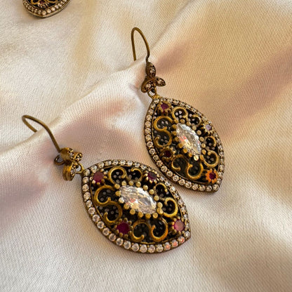 Elegant Antique Gold Bronze Oval Stone Filigree Pendant  Set  with Ruby Accents