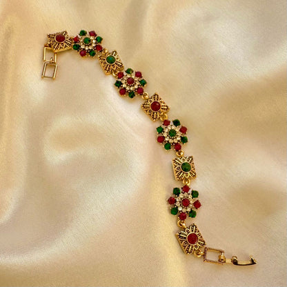 Antique Gold Finish Red & Green Stone Link Bracelet