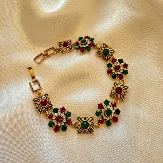 Antique Gold Finish Red & Green Stone Link Bracelet