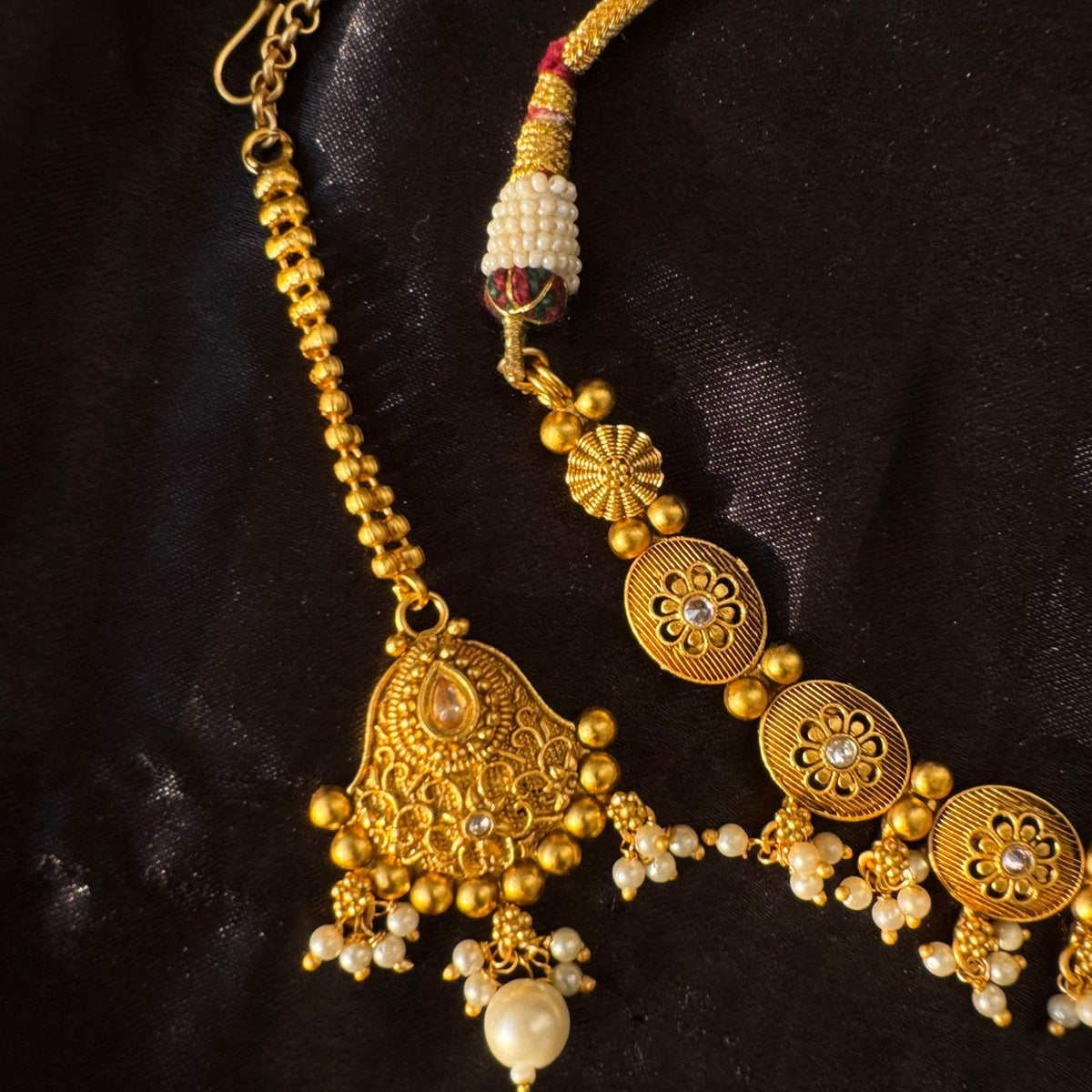Antique Gold Plated Traditional Matte Finish Jewelry Set with Jhumka Earrings and Maang Tikka