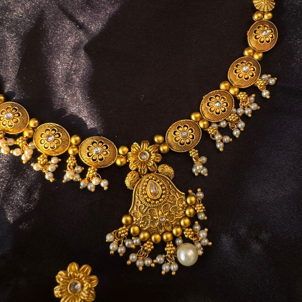 Antique Gold Plated Traditional Matte Finish Jewelry Set with Jhumka Earrings and Maang Tikka