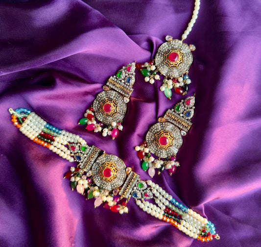 Turkish-Inspired Pearl & Crystal Statement Jewelry Set - Choker, Earrings & Headpiece