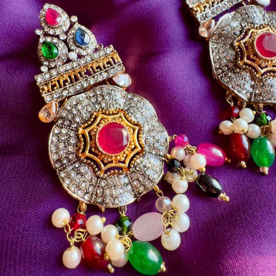 Turkish-Inspired Pearl & Crystal Statement Jewelry Set - Choker, Earrings & Headpiece