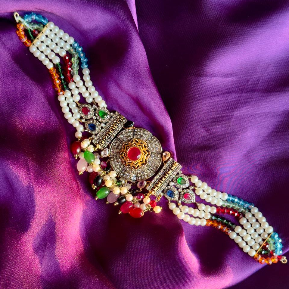 Turkish-Inspired Pearl & Crystal Statement Jewelry Set - Choker, Earrings & Headpiece