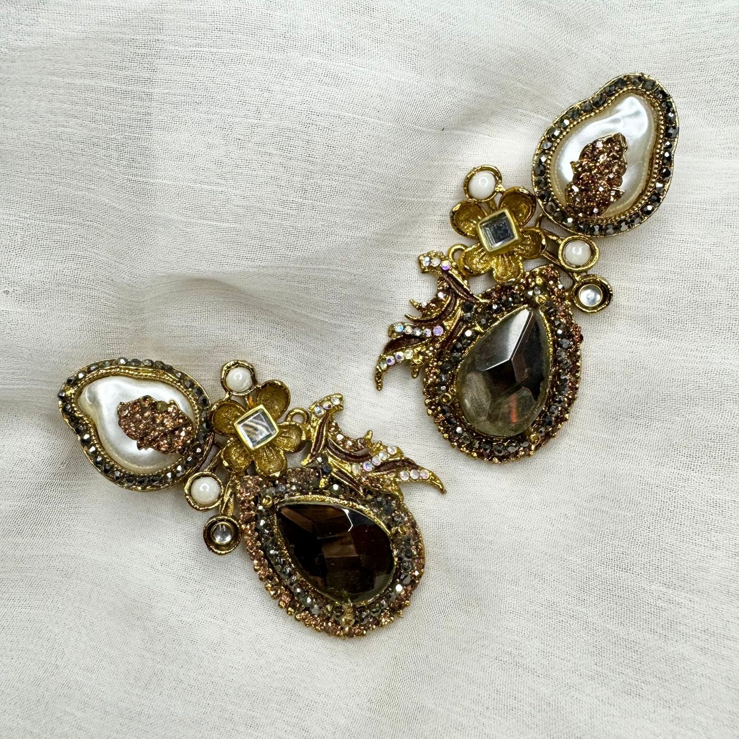 Turkish Inspired Gold-Plated Statement Earrings with Smoky Stones & Floral Detailing – Luxury Designer Jewelry