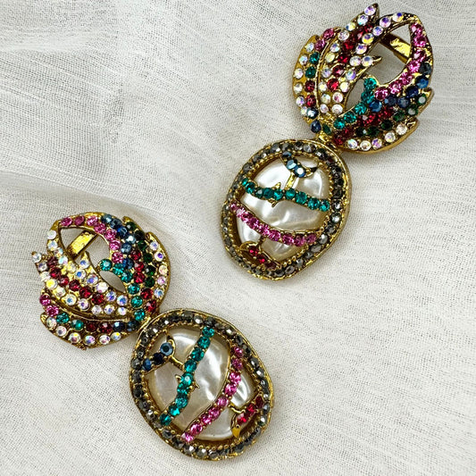 Turkish Inspired Gold-Plated Multicolor Stone Earrings with Pearl Center – Designer Statement Jewelry