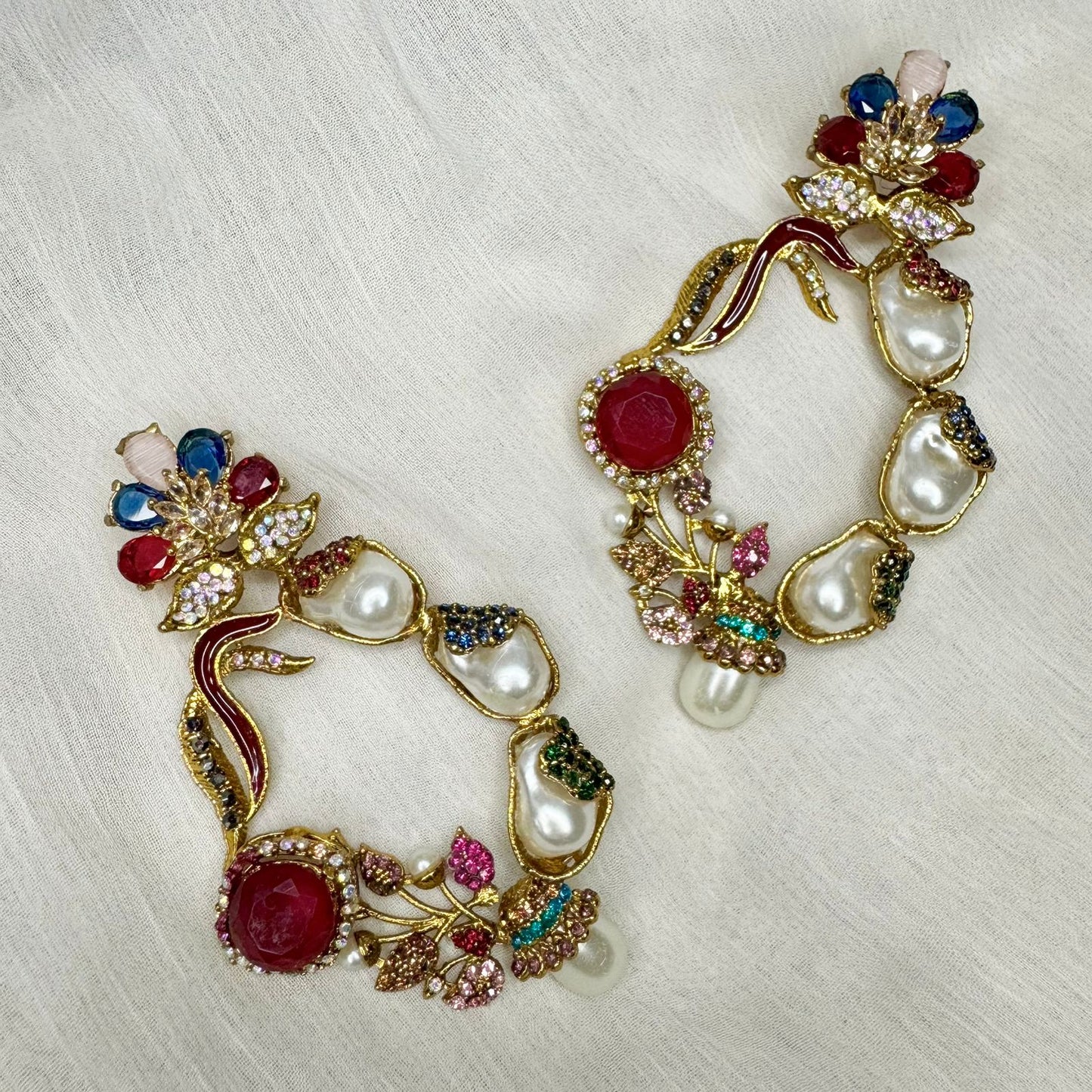 Turkish Inspired Gold-Plated Multicolor Statement Earrings with Pearls & Red Stones