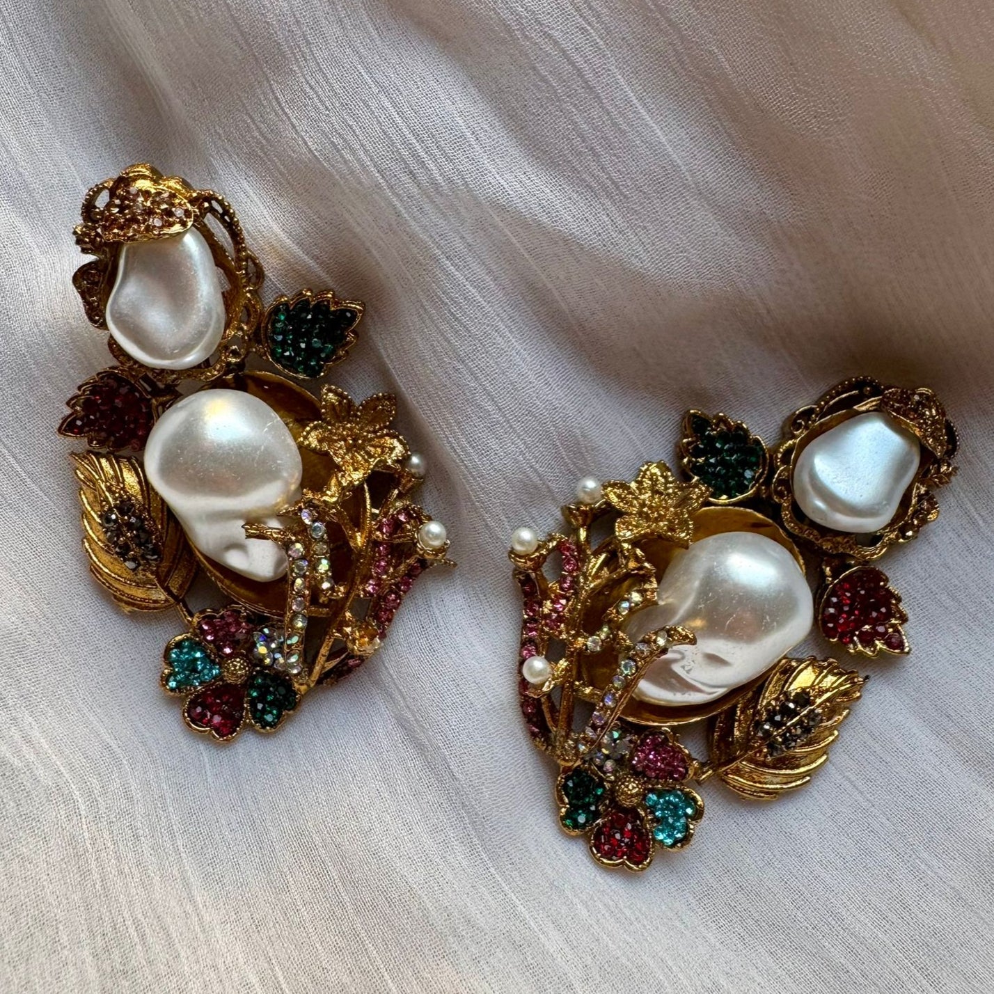 Gold-Plated Statement Earrings with Pearls & Multicolor Stones – Turkish Inspired Floral Jewelry