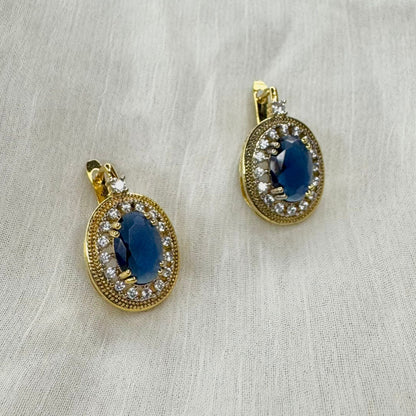 Gold-Plated Dark Navy Blue Oval Jewelry Set with CZ Accents – Ring, Pendant & Earrings