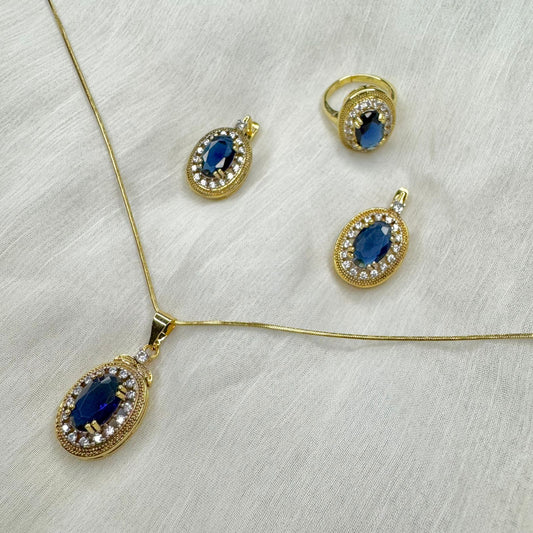 Gold-Plated Dark Navy Blue Oval Jewelry Set with CZ Accents – Ring, Pendant & Earrings