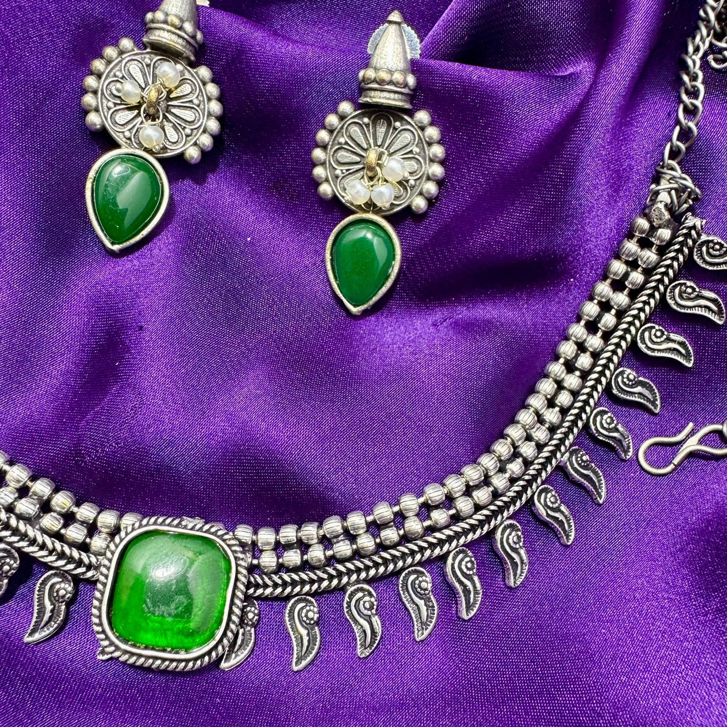 Oxidized Silver-Toned Choker Necklace and Stud Earring Set - Ethnic Style with Emerald Green Stone - Adjustable Length, Traditional Finish