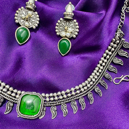 Oxidized Silver-Toned Choker Necklace and Stud Earring Set - Ethnic Style with Emerald Green Stone - Adjustable Length, Traditional Finish