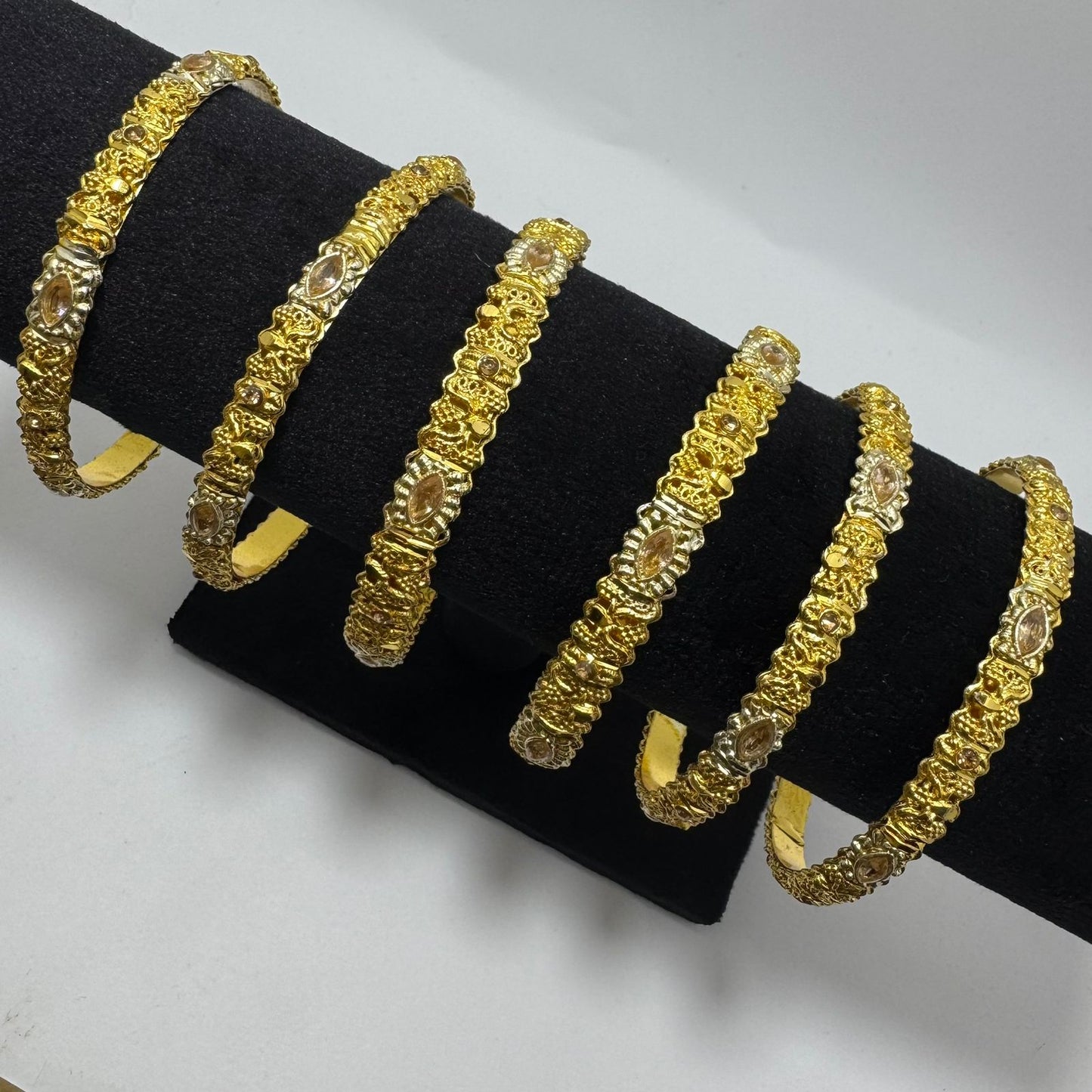 Intricate Gold-Plated Filigree Bangle Set of 6 with  Two  Kundan Kadas